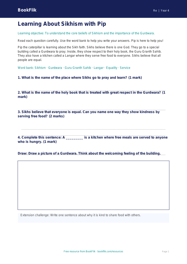 Free Sikhism Worksheet | Grade 3 | Social Studies | BookFlik worksheet preview — Re Sikhism