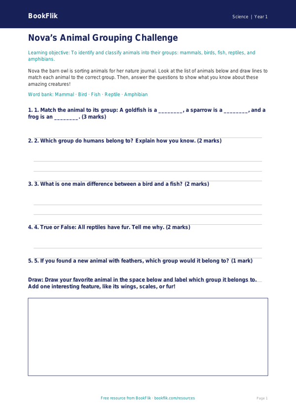 Free Animals Including Humans Activity Sheet | Kindergarten | Science | BookFlik worksheet preview — Science Animals Including Humans
