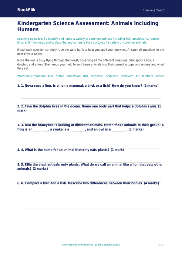 Free Animals Including Humans Assessment | Kindergarten | Science | BookFlik worksheet preview — Science Animals Including Humans