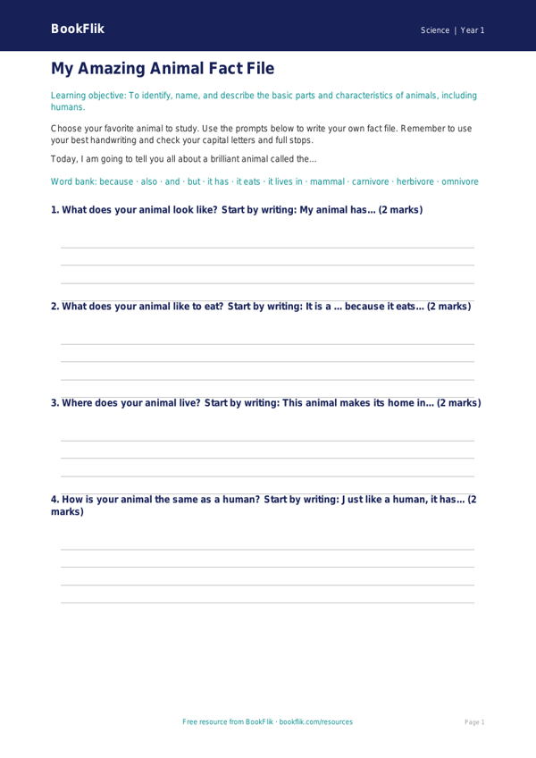 Animals Including Humans Writing Frame | Kindergarten Science | BookFlik worksheet preview — Science Animals Including Humans