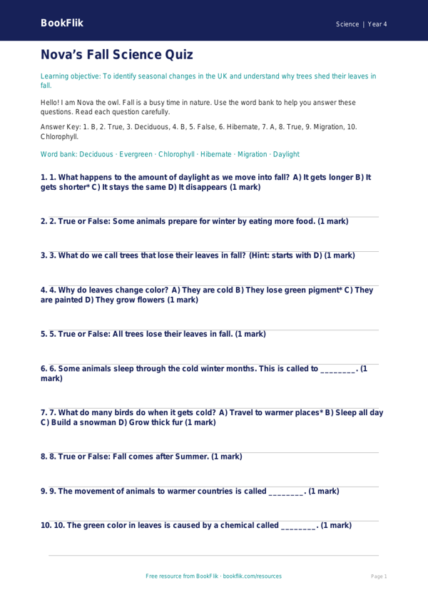 Free Autumn Science Quiz | Grade 3 | Science | BookFlik worksheet preview — Science Autumn Science