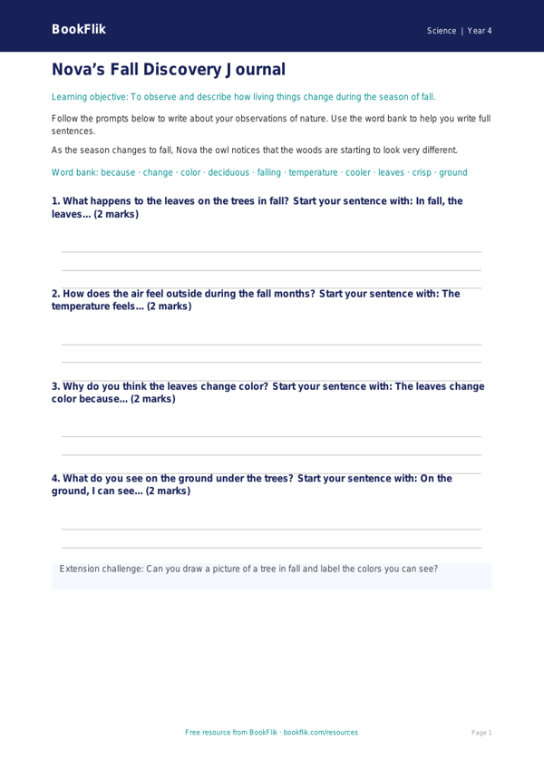 Free Autumn Science Writing Frame | Grade 3 | Science | BookFlik worksheet preview — Science Autumn Science