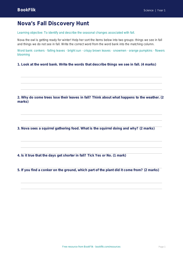Free Autumn Science Activity Sheet | Kindergarten | Science | BookFlik worksheet preview — Science Autumn Science