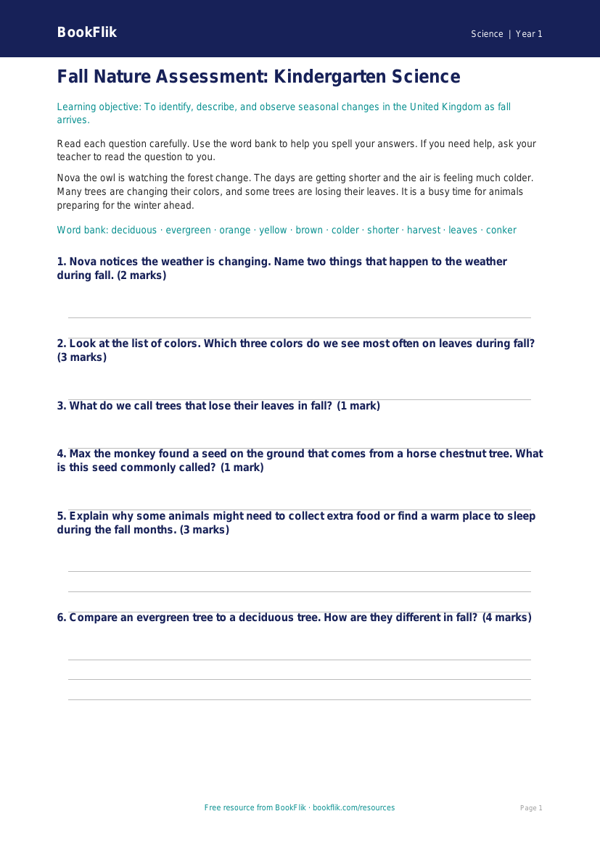 Free Autumn Science Assessment | Kindergarten | Science | BookFlik worksheet preview — Science Autumn Science
