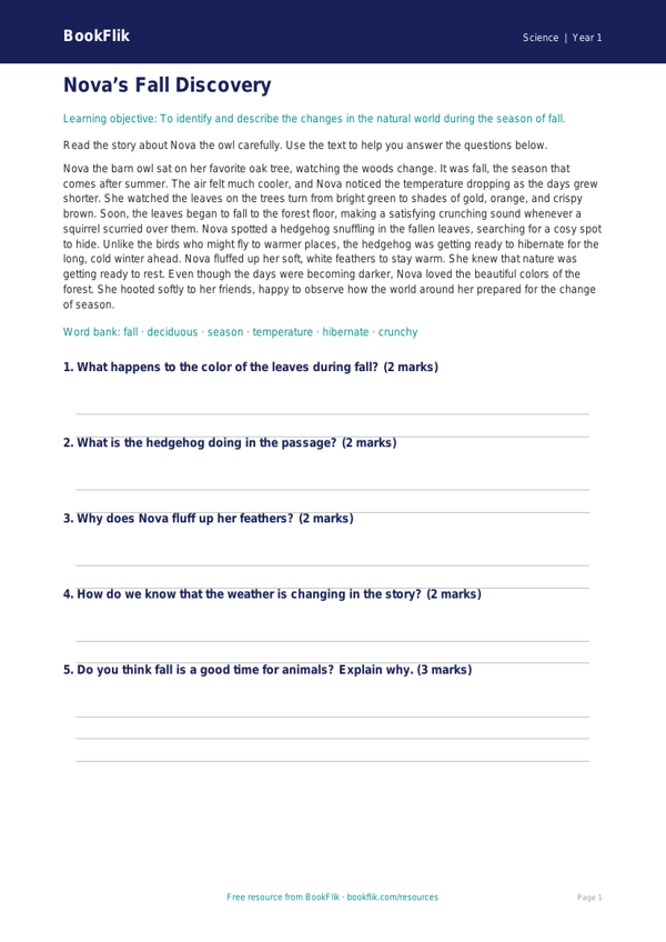 Free Autumn Science Comprehension | Kindergarten | Science | BookFlik worksheet preview — Science Autumn Science