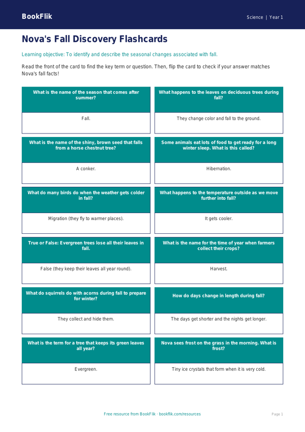 Free Autumn Science Flashcards | Kindergarten | Science | BookFlik worksheet preview — Science Autumn Science