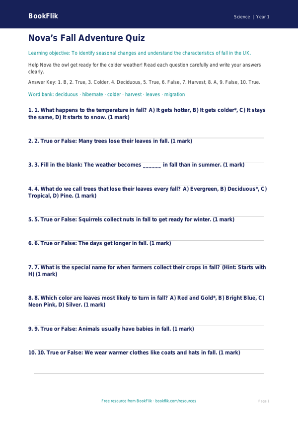 Free Autumn Science Quiz | Kindergarten | Science | BookFlik worksheet preview — Science Autumn Science