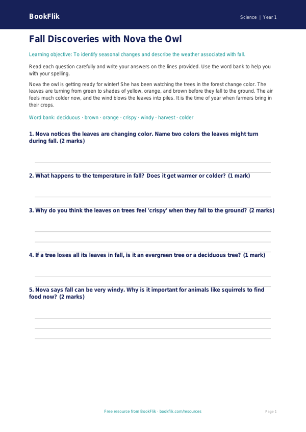 Free Autumn Science Worksheet | Kindergarten | Science | BookFlik worksheet preview — Science Autumn Science