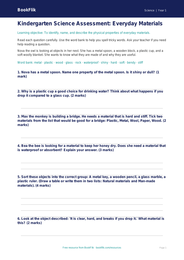 Free Everyday Materials Assessment | Kindergarten | Science | BookFlik worksheet preview — Science Everyday Materials