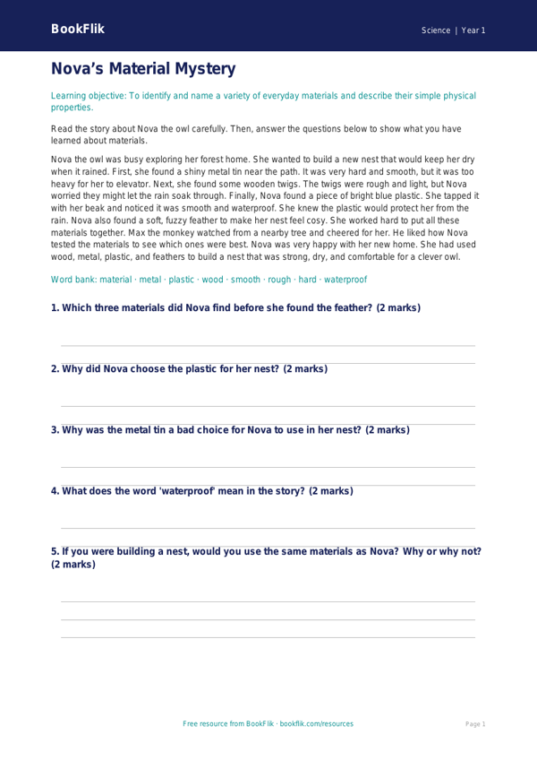 Free Everyday Materials Comprehension | Kindergarten | Science | BookFlik worksheet preview — Science Everyday Materials