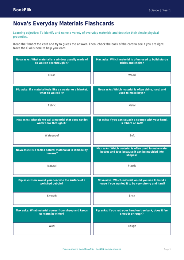 Free Everyday Materials Flashcards | Kindergarten | Science | BookFlik worksheet preview — Science Everyday Materials