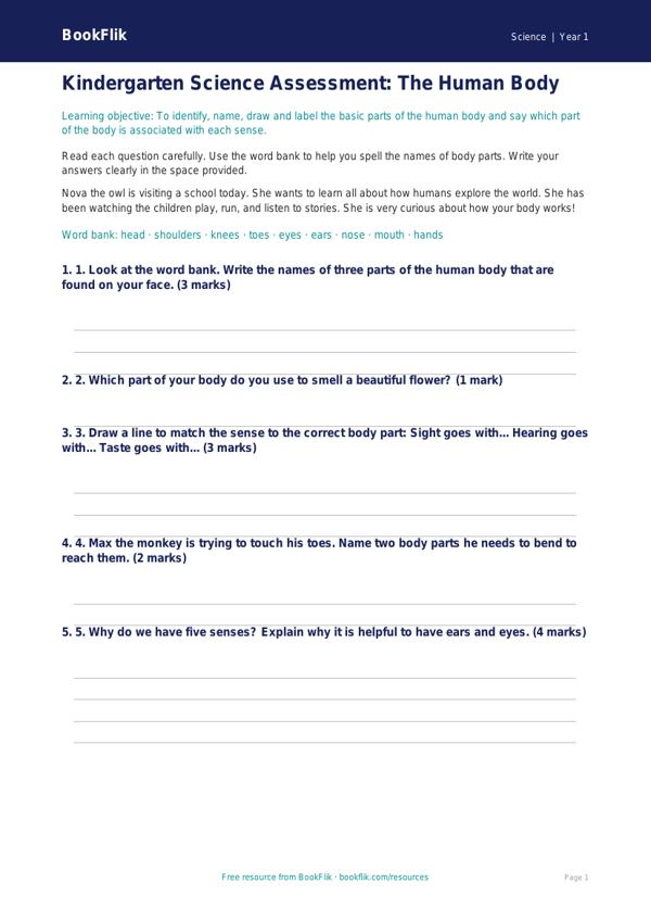 Free Human Body Assessment | Kindergarten | Science | BookFlik worksheet preview — Science Human Body