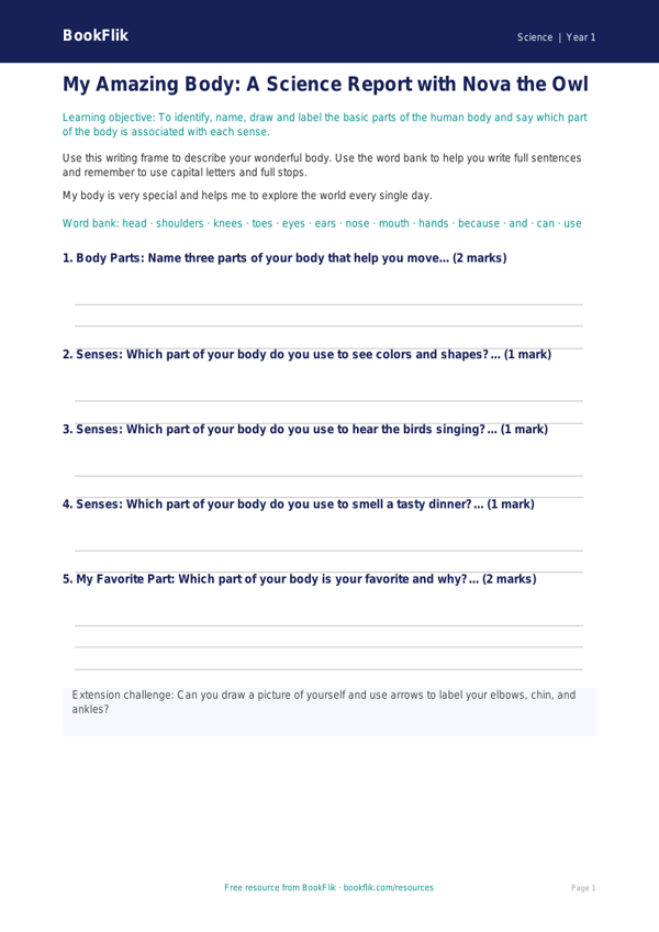 Free Human Body Writing Frame | Kindergarten | Science | BookFlik worksheet preview — Science Human Body