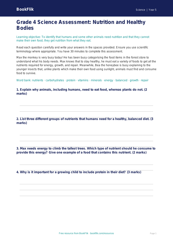 Free Nutrition Assessment | Grade 4 | Science | BookFlik worksheet preview — Science Nutrition