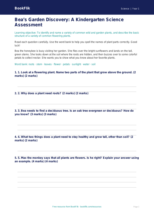 Free Plants Assessment | Kindergarten | Science | BookFlik worksheet preview — Science Plants