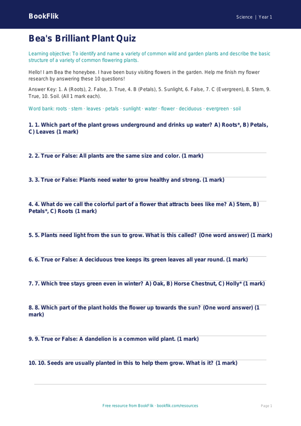 Free Plants Quiz | Kindergarten | Science | BookFlik worksheet preview — Science Plants