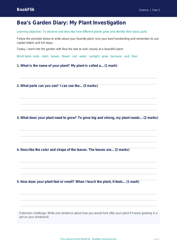 Free Plants Writing Frame | Kindergarten | Science | BookFlik worksheet preview — Science Plants