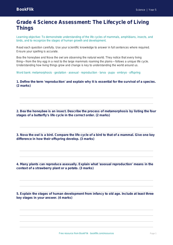 Free Reproduction Assessment | Grade 4 | Science | BookFlik worksheet preview — Science Reproduction