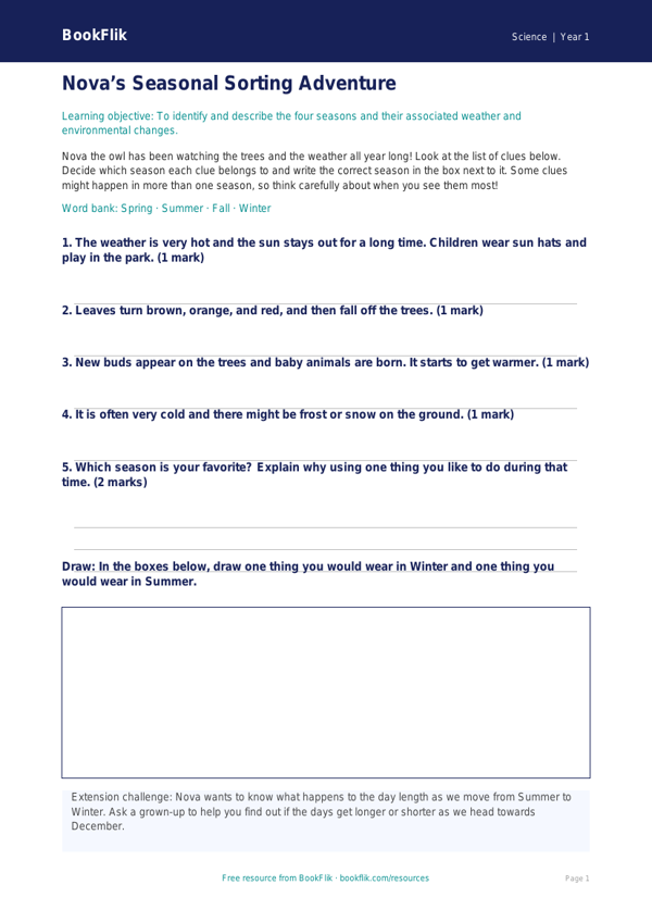 Free Seasonal Changes Activity Sheet | Kindergarten | Science | BookFlik worksheet preview — Science Seasonal Changes