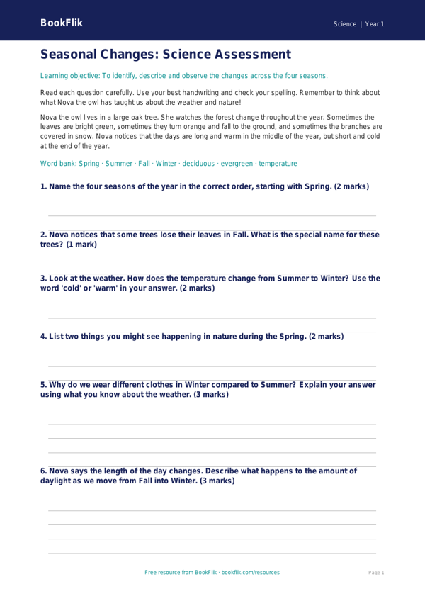 Free Seasonal Changes Assessment | Kindergarten | Science | BookFlik worksheet preview — Science Seasonal Changes