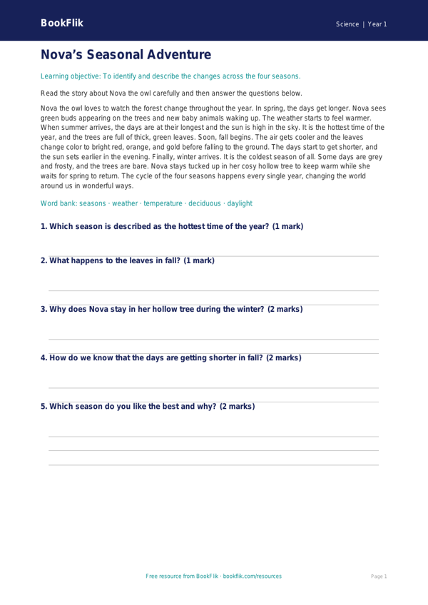 Free Seasonal Changes Comprehension | Kindergarten | Science | BookFlik worksheet preview — Science Seasonal Changes