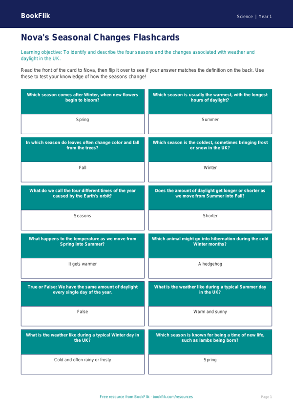 Free Seasonal Changes Flashcards | Kindergarten Science | BookFlik worksheet preview — Science Seasonal Changes