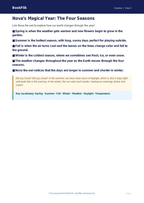 Free Seasonal Changes Poster | Kindergarten Science | BookFlik worksheet preview — Science Seasonal Changes