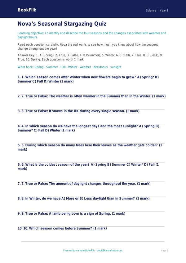 Free Seasonal Changes Quiz | Kindergarten | Science | BookFlik worksheet preview — Science Seasonal Changes