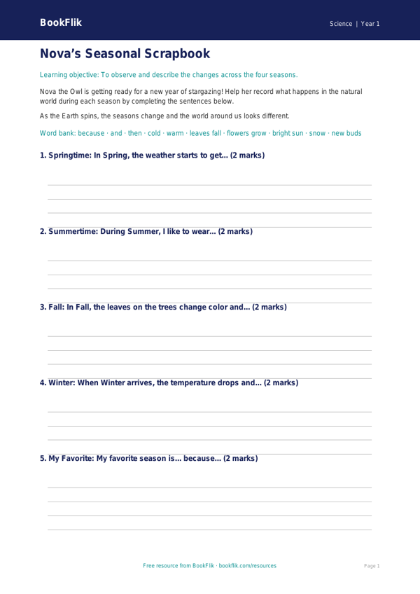 Free Seasonal Changes Writing Frame | Kindergarten | Science | BookFlik worksheet preview — Science Seasonal Changes