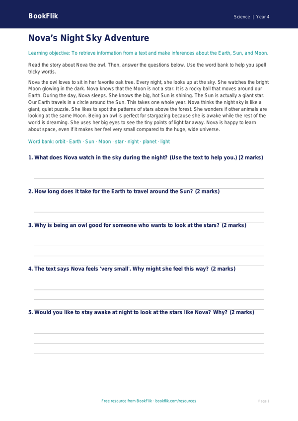 Free Space Comprehension | Grade 3 | Science | BookFlik worksheet preview — Science Space