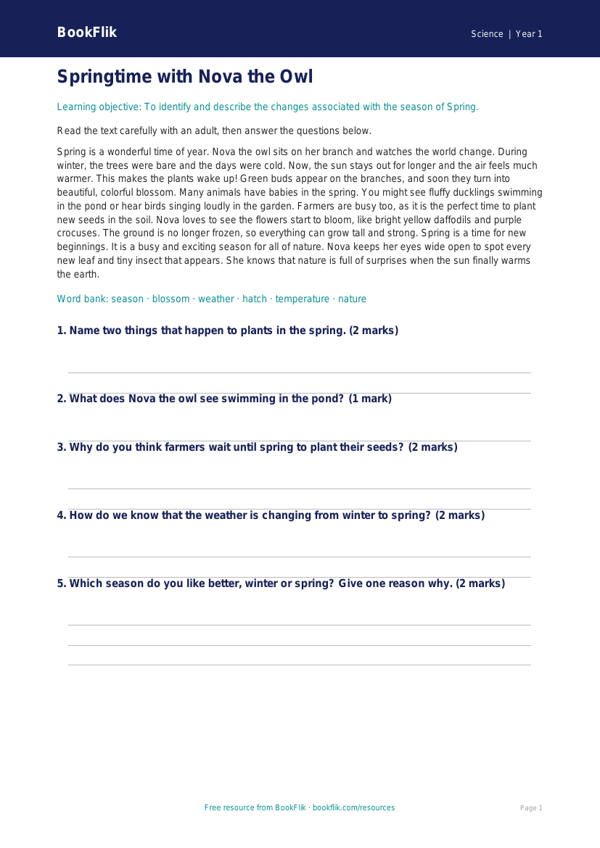 Free Spring Science Comprehension | Kindergarten | Science | BookFlik worksheet preview — Science Spring Science