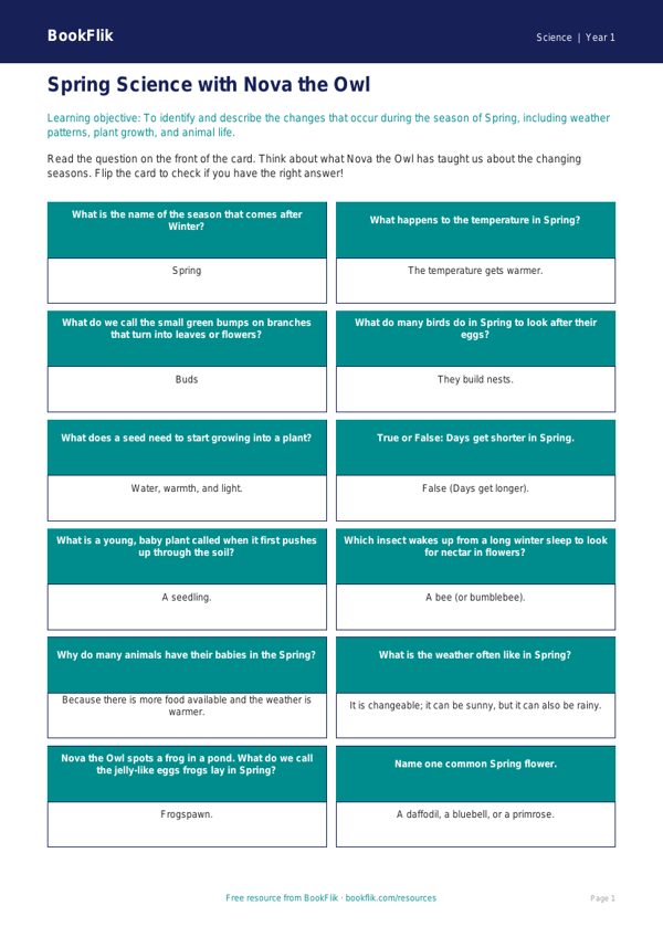 Free Spring Science Flashcards | Kindergarten | Science | BookFlik worksheet preview — Science Spring Science