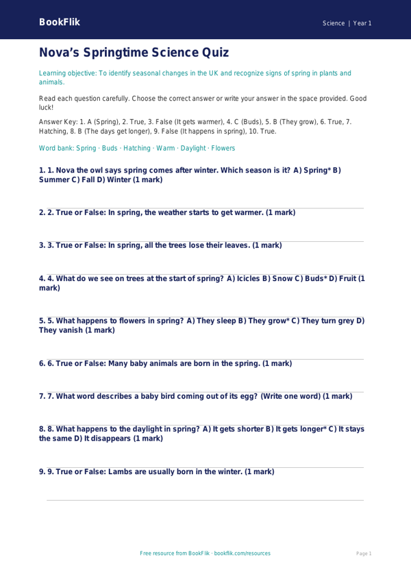 Free Spring Science Quiz | Kindergarten | Science | BookFlik worksheet preview — Science Spring Science