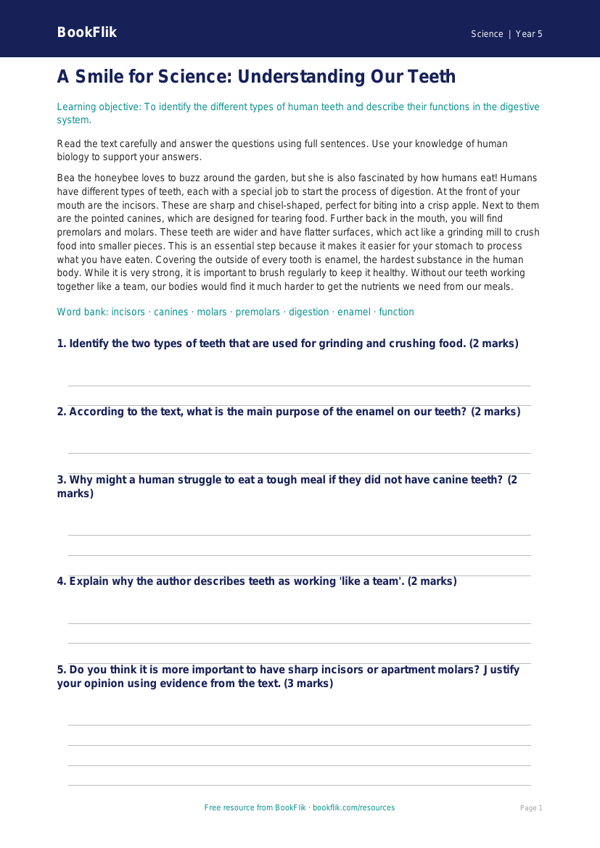 Free Teeth Comprehension | Grade 4 | Science | BookFlik worksheet preview — Science Teeth