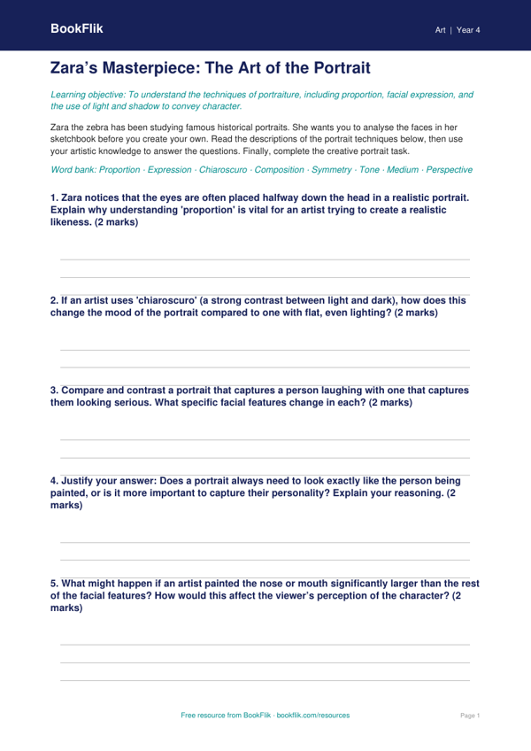 Free Portraits Activity Sheet | Year 4 | Art | BookFlik worksheet preview — Art Portraits