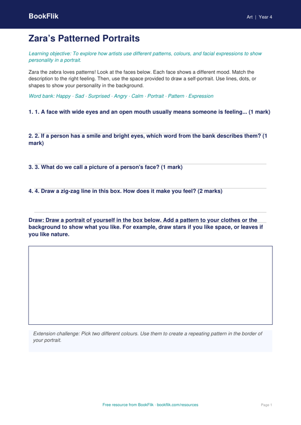 Free Portraits Activity Sheet | Year 4 | Art | BookFlik worksheet preview — Art Portraits