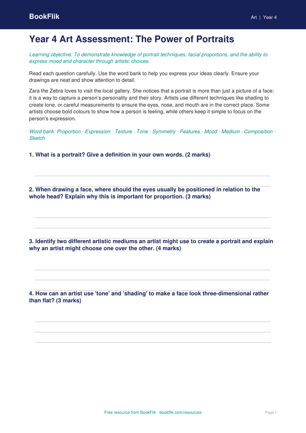 Free Portraits Assessment | Year 4 | Art | BookFlik worksheet preview — Art Portraits