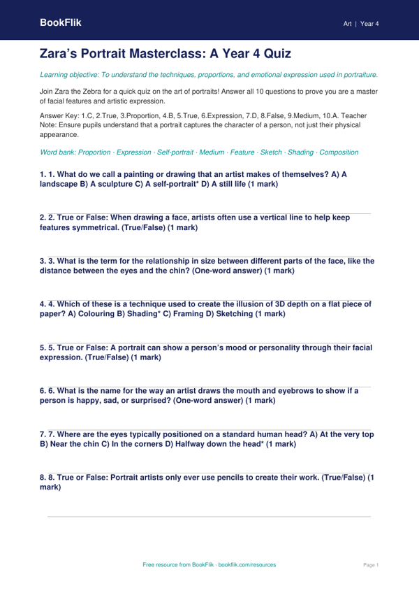 Free Portraits Quiz | Year 4 | Art | BookFlik worksheet preview — Art Portraits