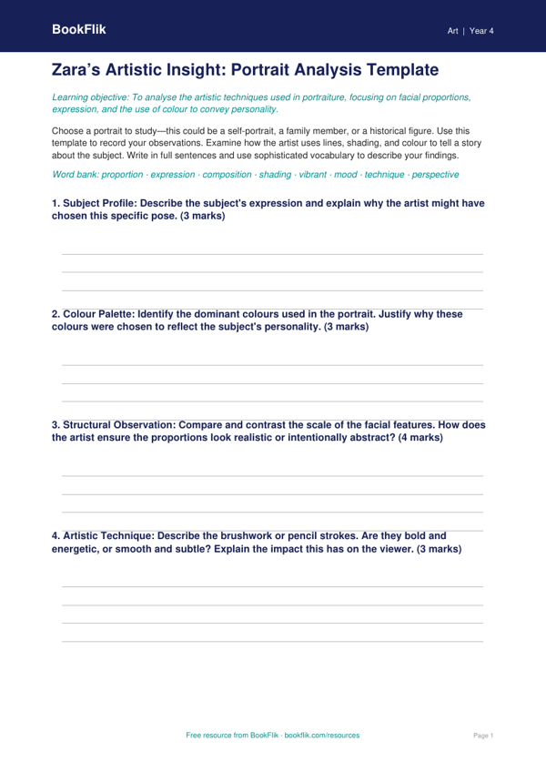 Free Portraits Template | Year 4 | Art | BookFlik worksheet preview — Art Portraits
