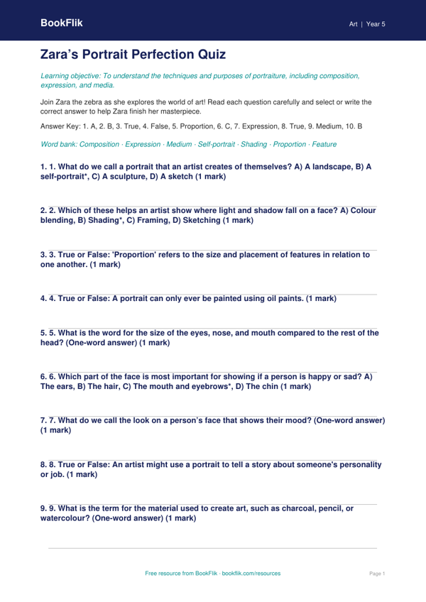 Free Portraits Quiz | Year 5 | Art | BookFlik worksheet preview — Art Portraits