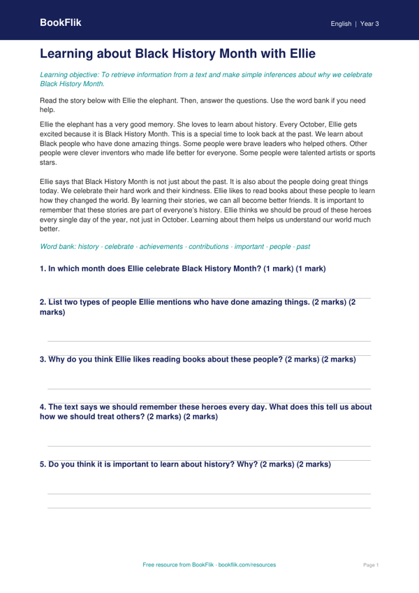 Free Black History Month Comprehension | Year 3 | English | BookFlik worksheet preview — English Black History Month