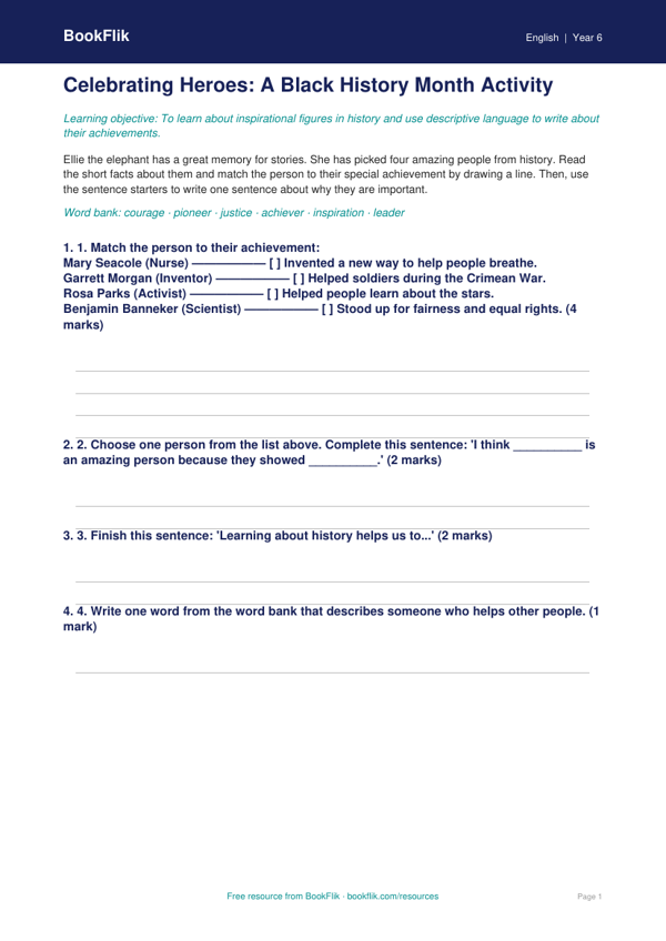 Free Black History Month Activity Sheet | Year 6 | English | BookFlik worksheet preview — English Black History Month