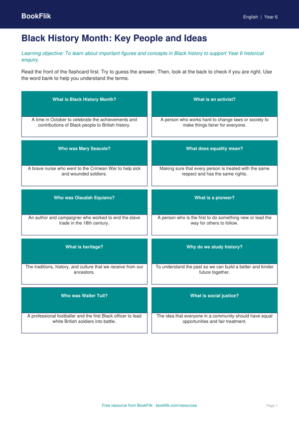 Black History Month Flashcards for Year 6 | Australian Curriculum worksheet preview — English Black History Month