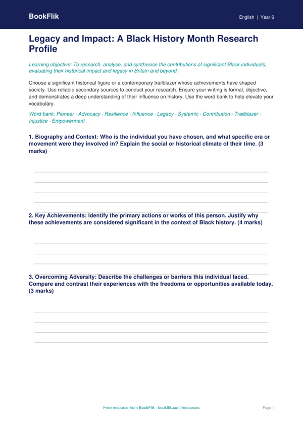 Black History Month English Resource | Year 6 | Australian Curriculum worksheet preview — English Black History Month