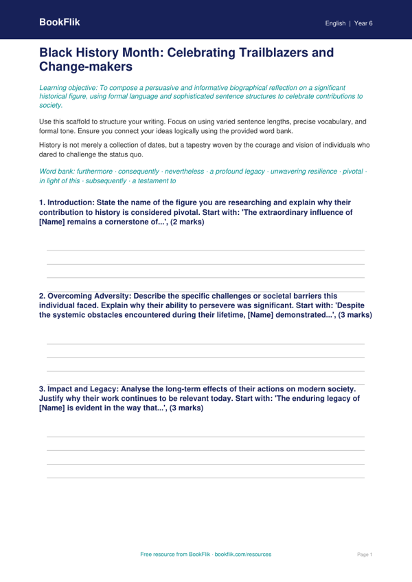 Black History Month Writing Frame: Year 6 English Resource | BookFlik