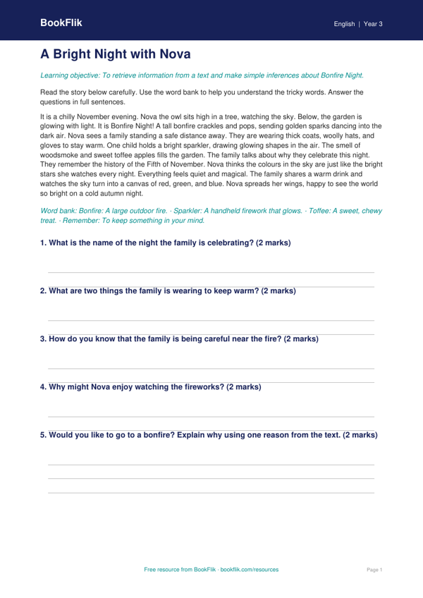 Free Bonfire Night Comprehension | Year 3 | English | BookFlik worksheet preview — English Bonfire Night