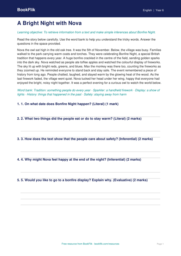 Free Bonfire Night Comprehension | Year 6 | English | BookFlik