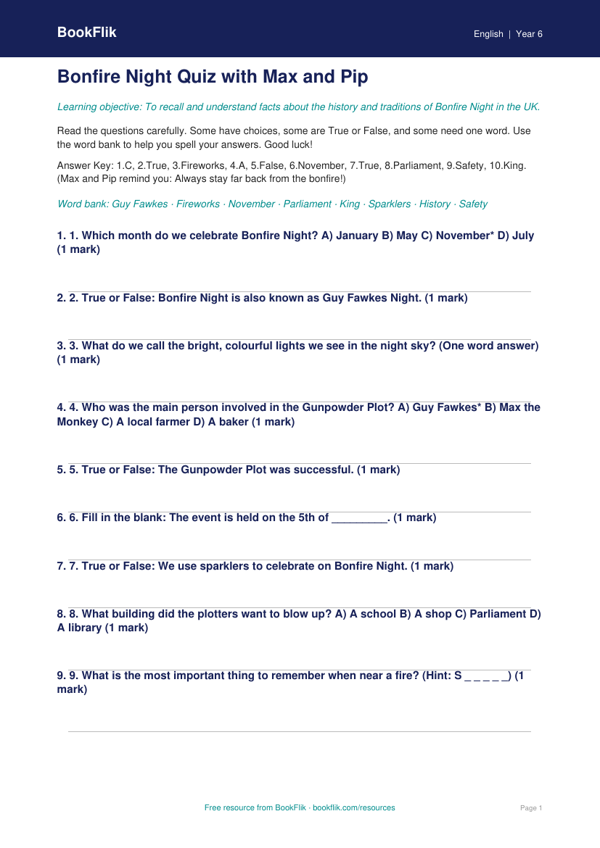 Bonfire Night Quiz for Year 6 | Supported English Resource | BookFlik