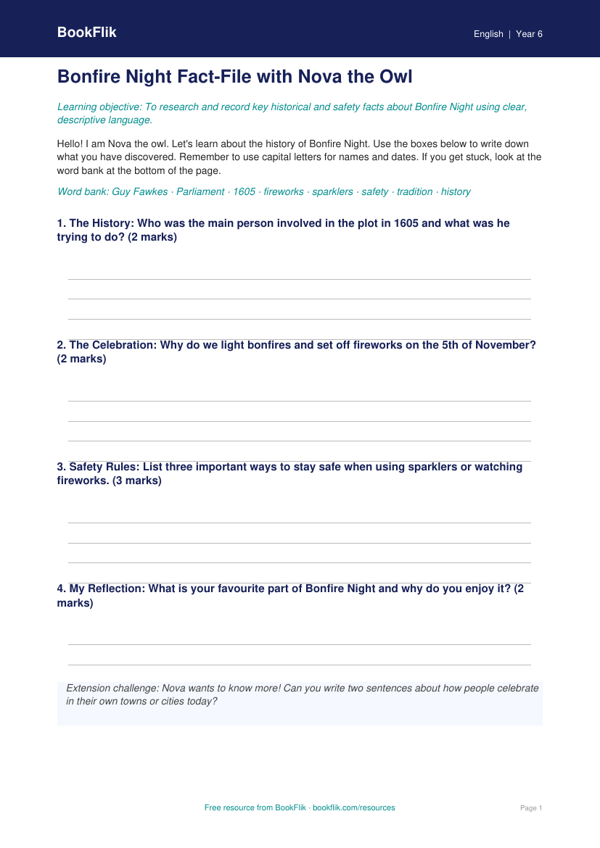 Free Bonfire Night Template | Year 6 | English | BookFlik worksheet preview — English Bonfire Night