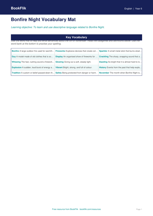 Free Bonfire Night Word Mat | Year 6 | English | BookFlik